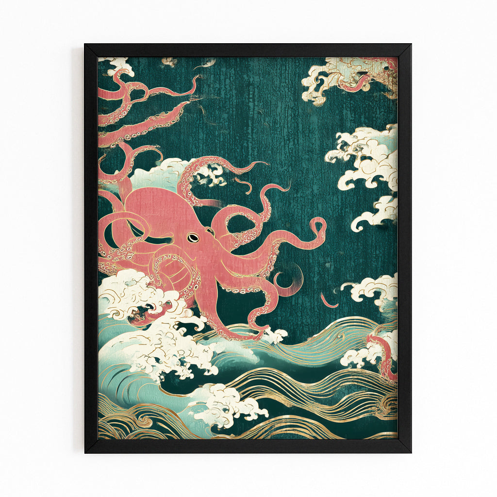 Emerald Wave Scroll Octopus Canvas – with Premium Black frame on white background