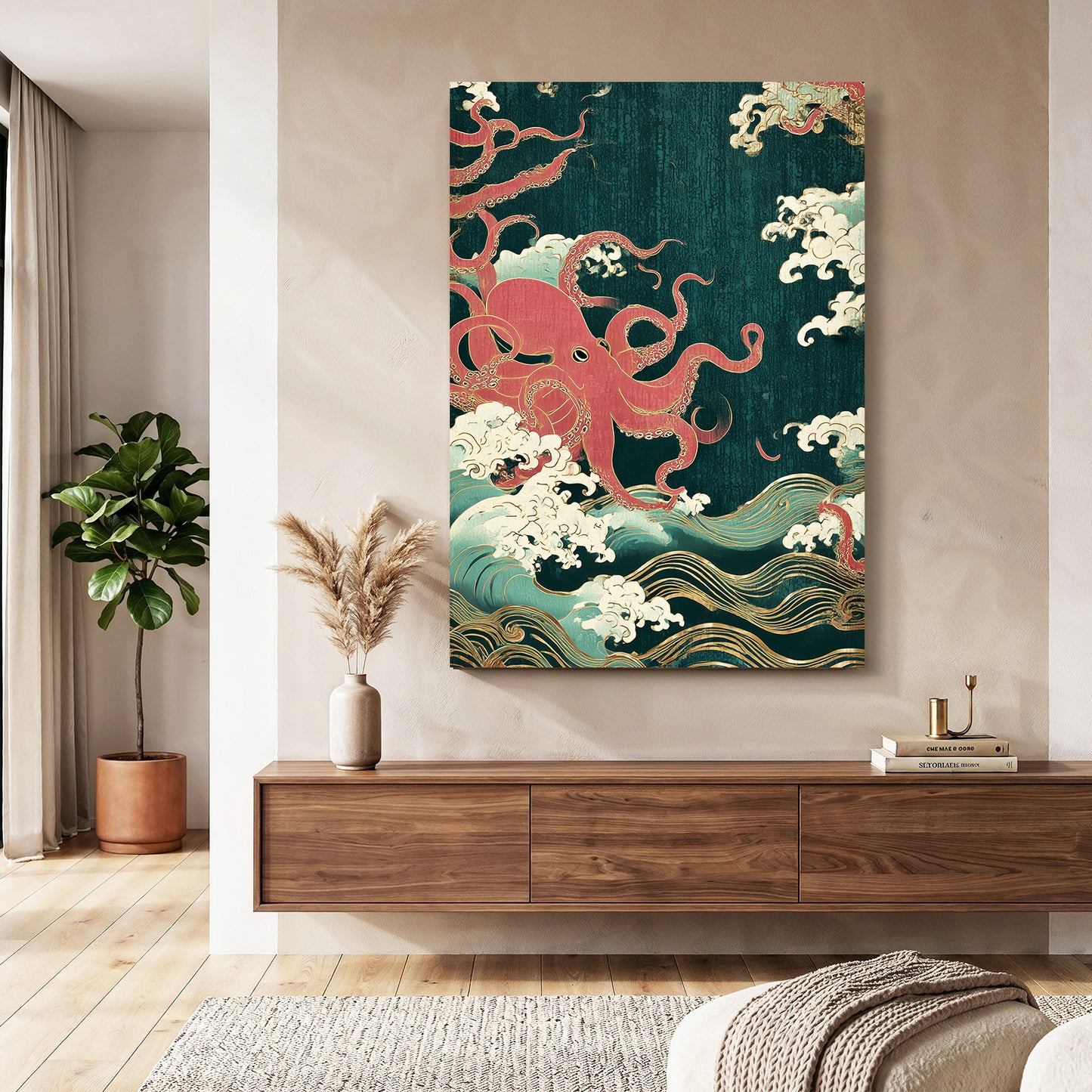 Emerald Wave Scroll Octopus Canvas – styled in a furnished interior