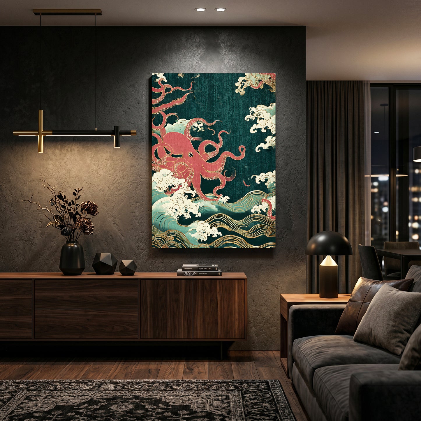 Emerald Wave Scroll Octopus Canvas – styled in a furnished interior