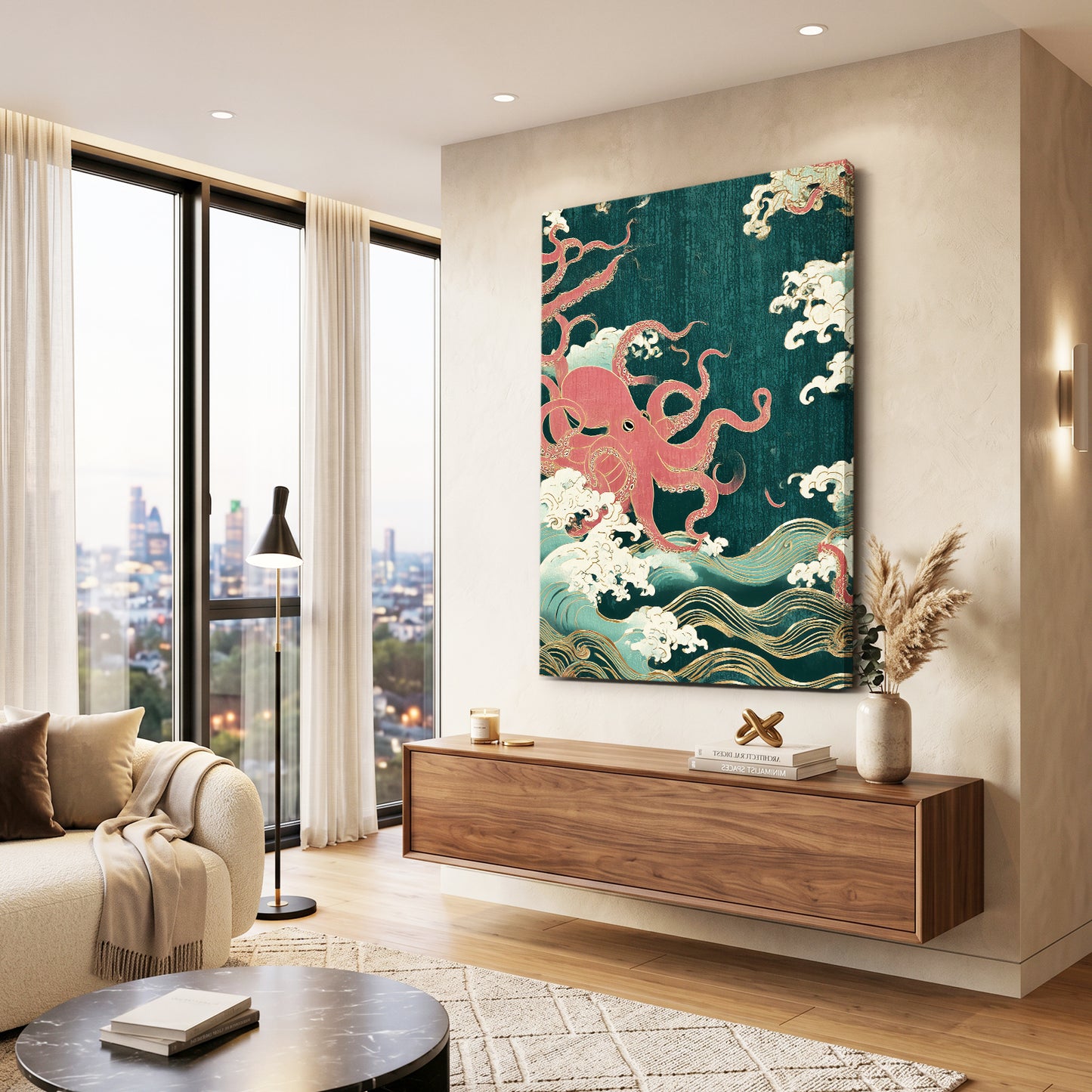 Emerald Wave Scroll Octopus Canvas – styled in a furnished interior