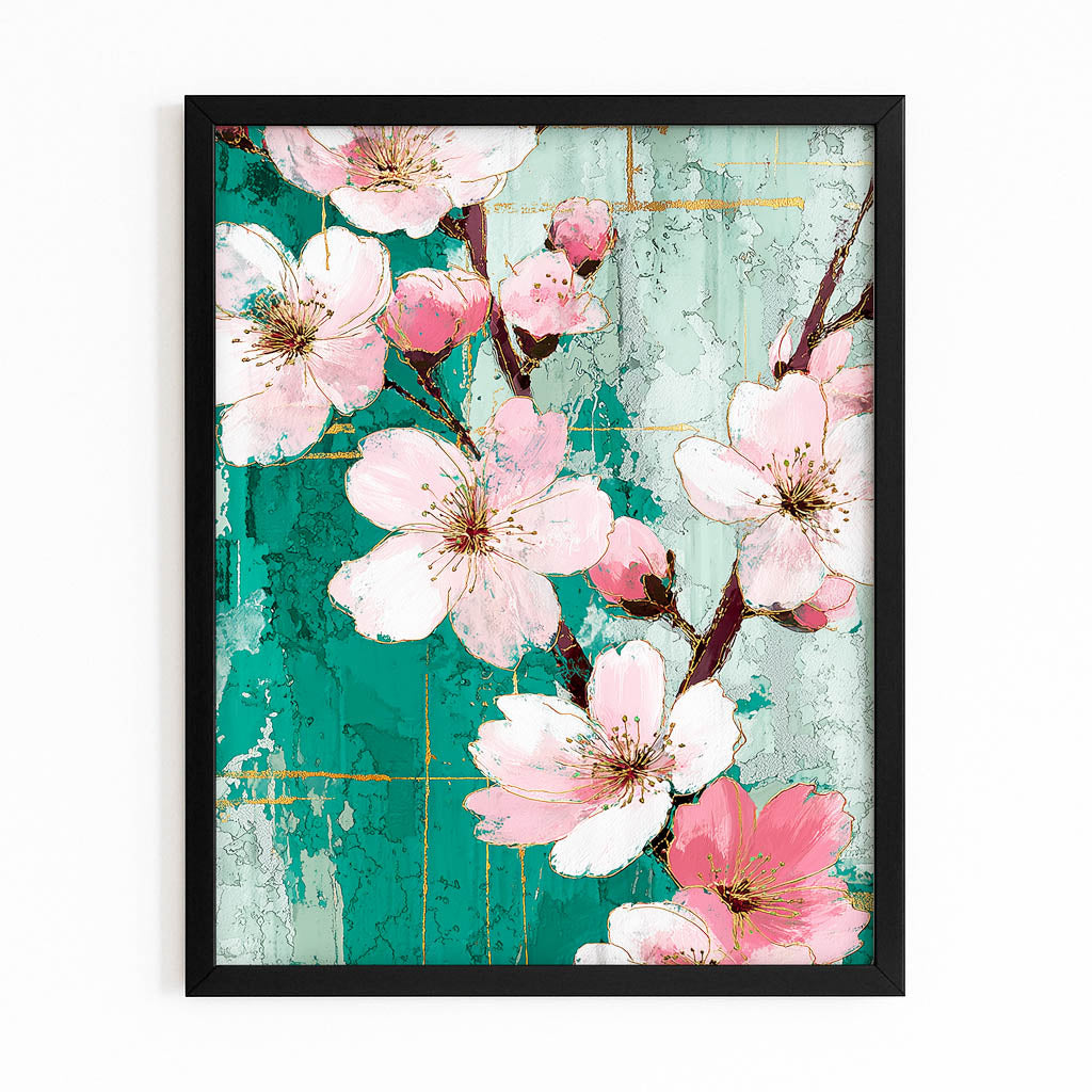 Emerald Wood Panel Cherry Blossom Wall Decor – with Premium Black frame on white background