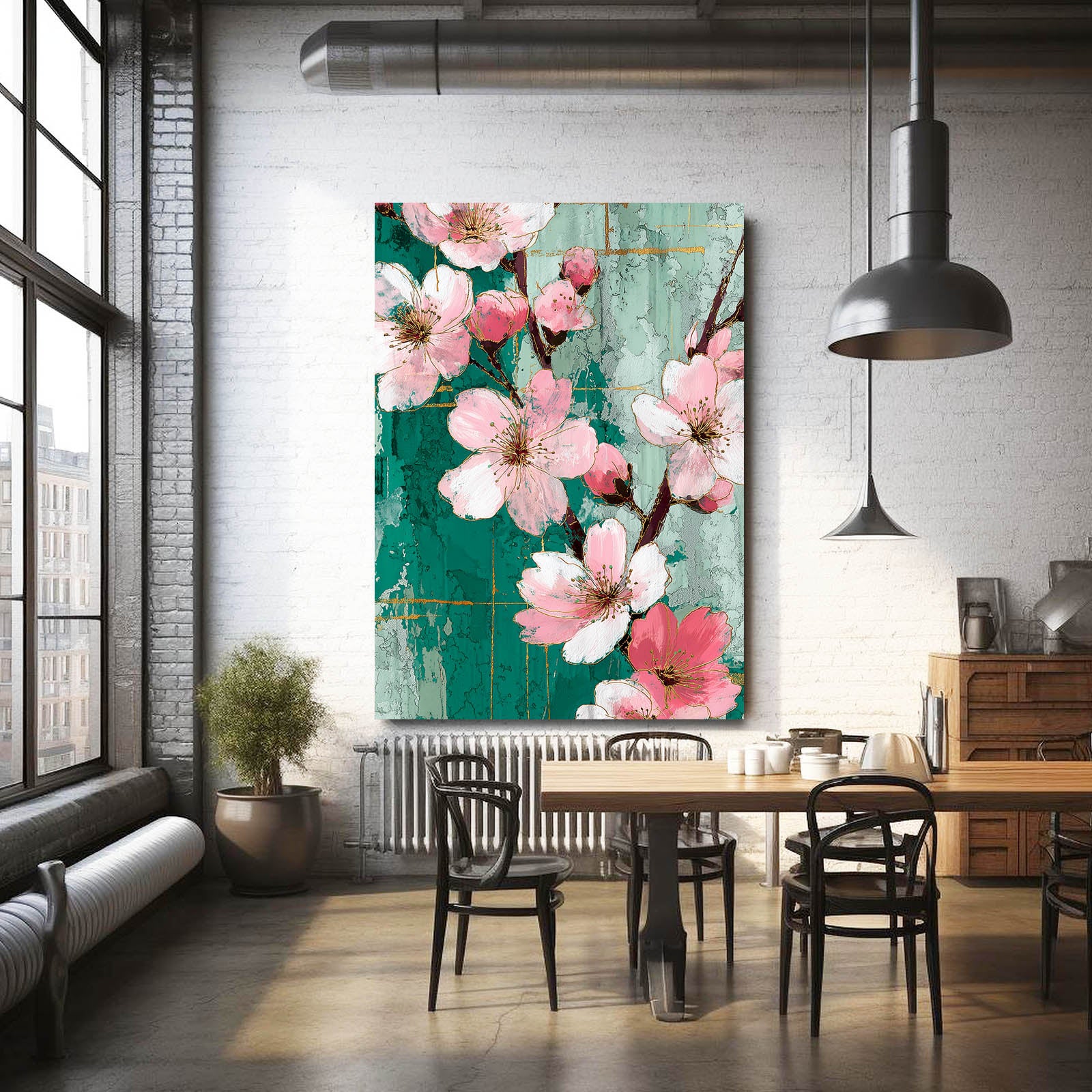 Emerald Wood Panel Cherry Blossom Wall Decor – styled in a furnished interior
