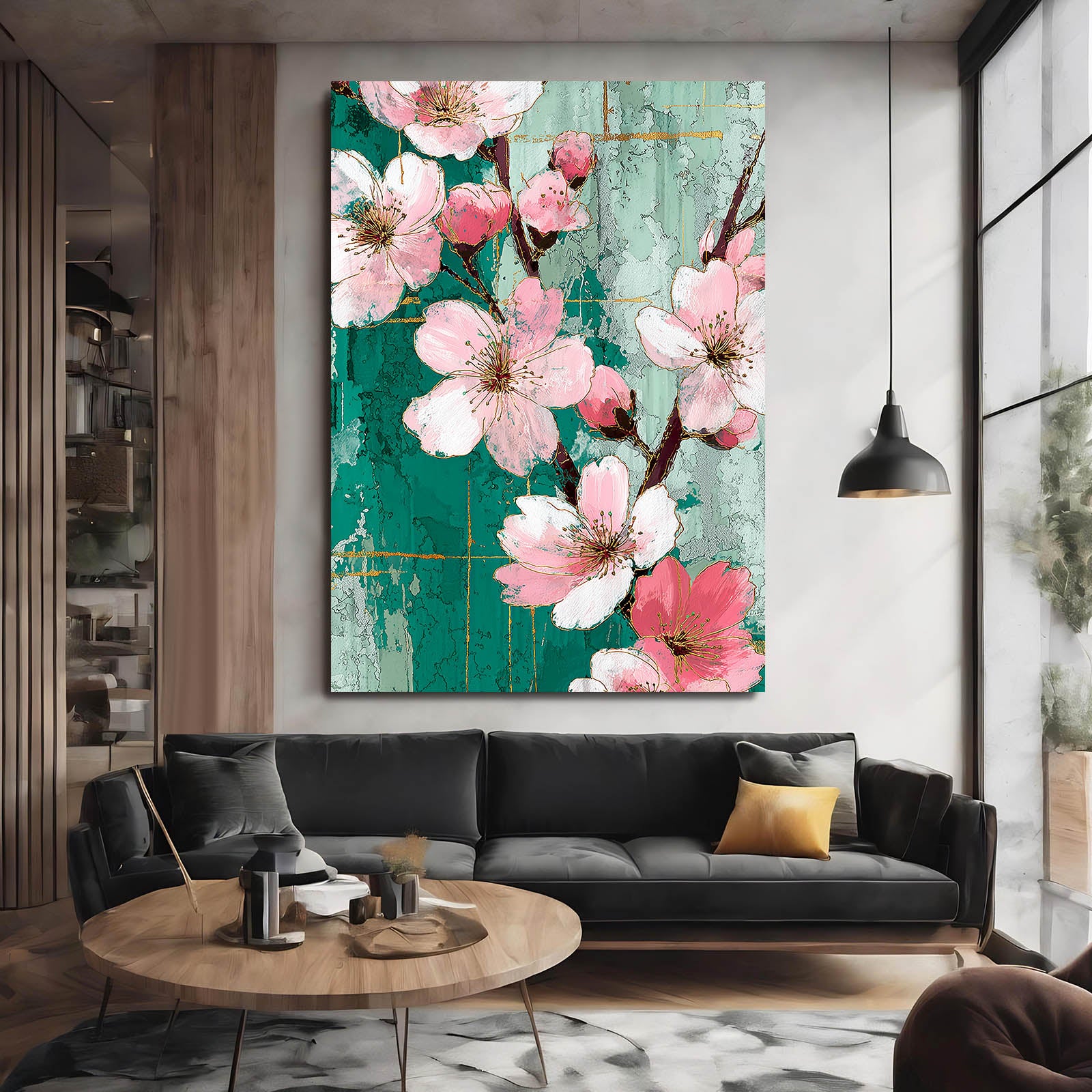 Emerald Wood Panel Cherry Blossom Wall Decor – styled in a furnished interior