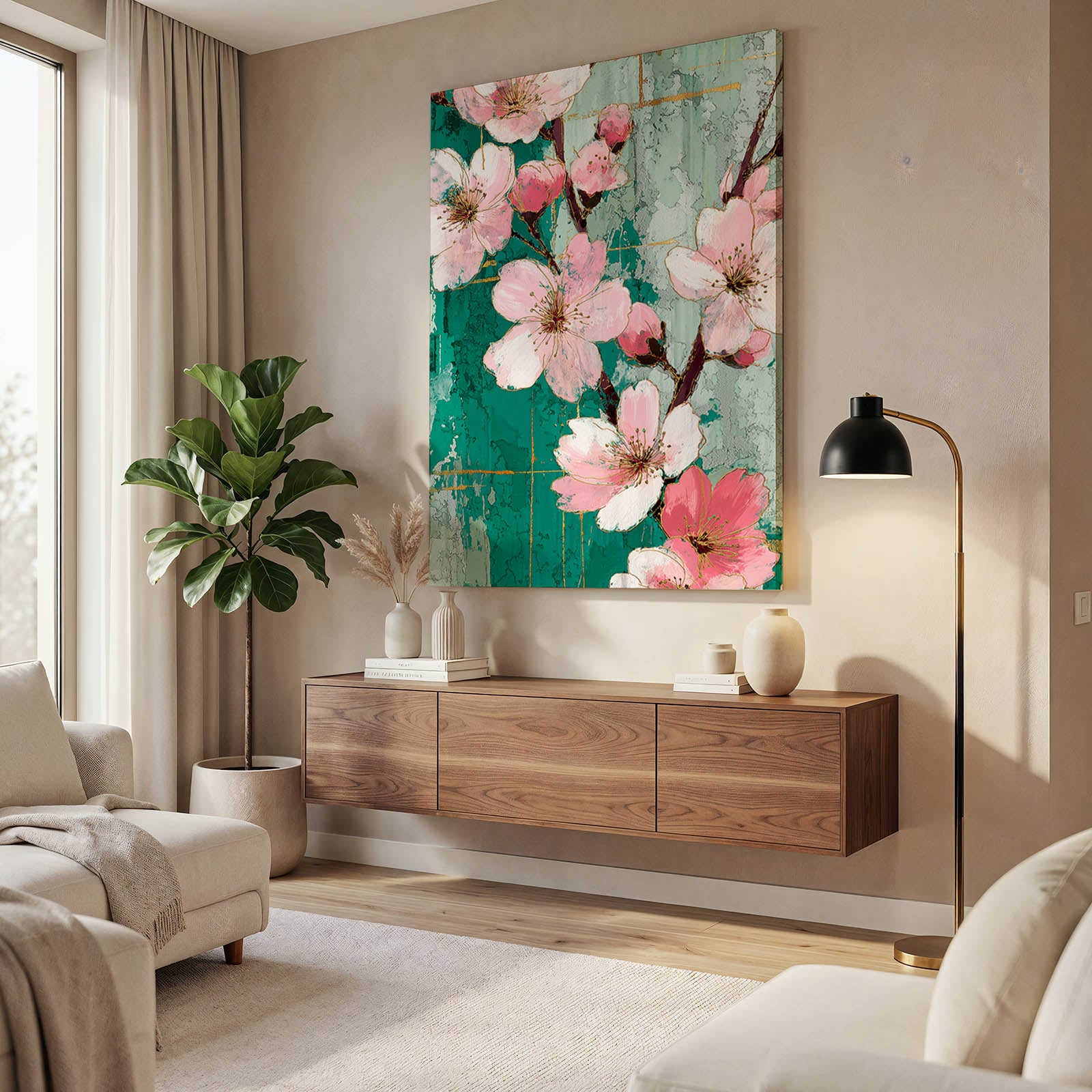 Emerald Wood Panel Cherry Blossom Wall Decor – styled in a furnished interior