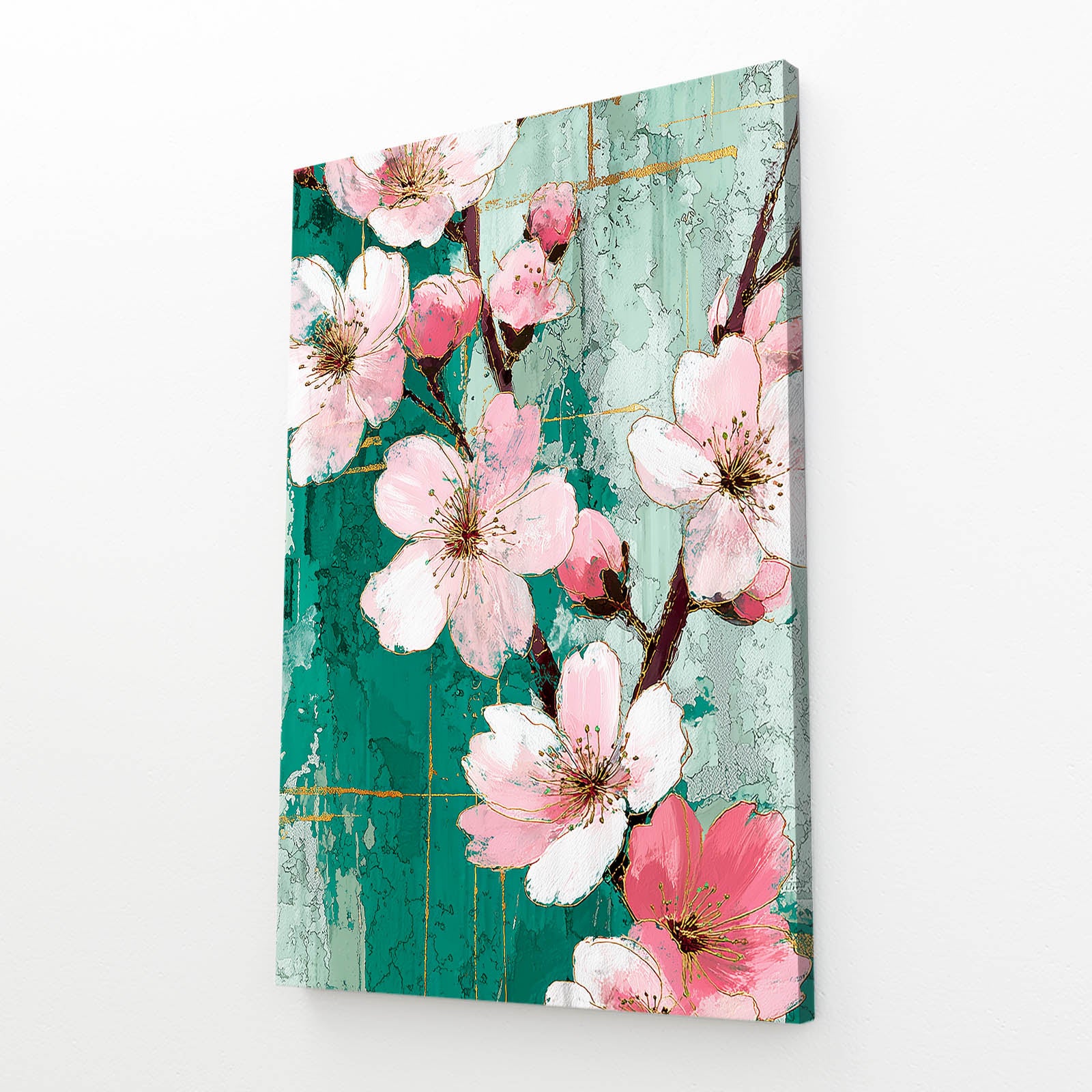 Emerald Wood Panel Cherry Blossom Wall Decor – angled canvas view on white background