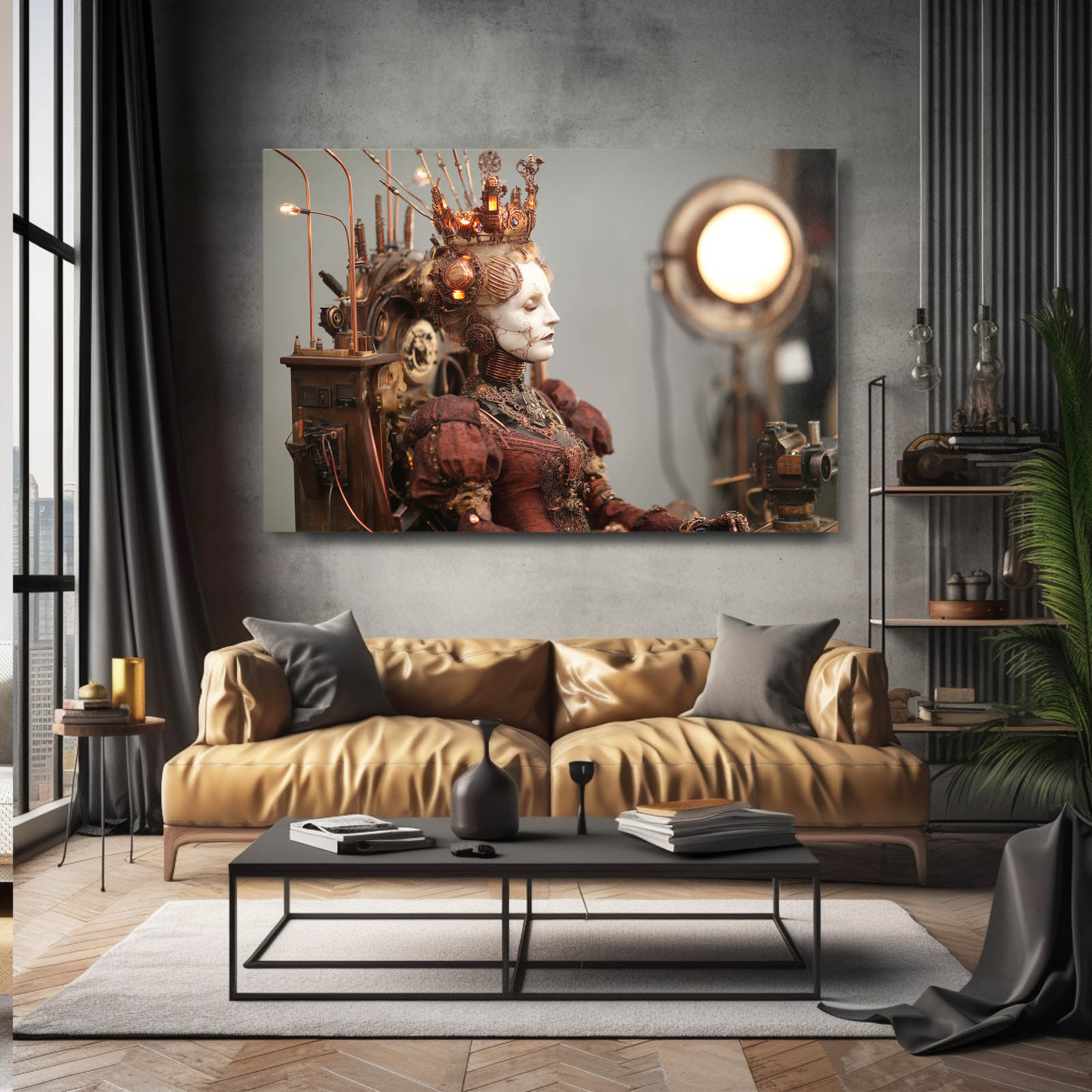 Empress Throne Figure Steampunk Canvas – styled in a furnished interior