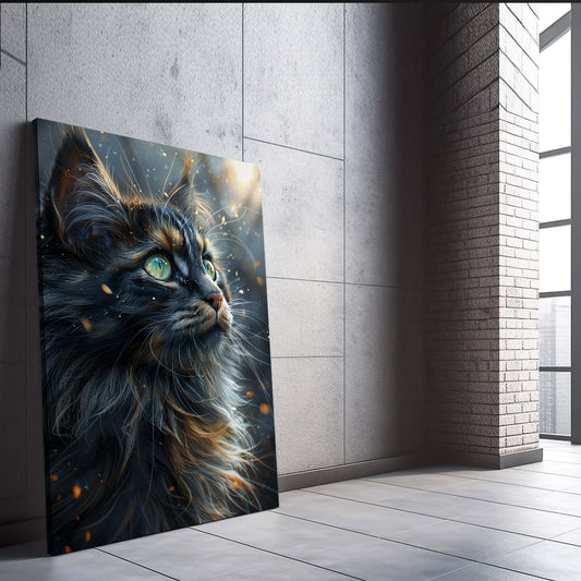 Enchanted Gaze Cat Wall Art — digital canvas print in gray tones, view 3