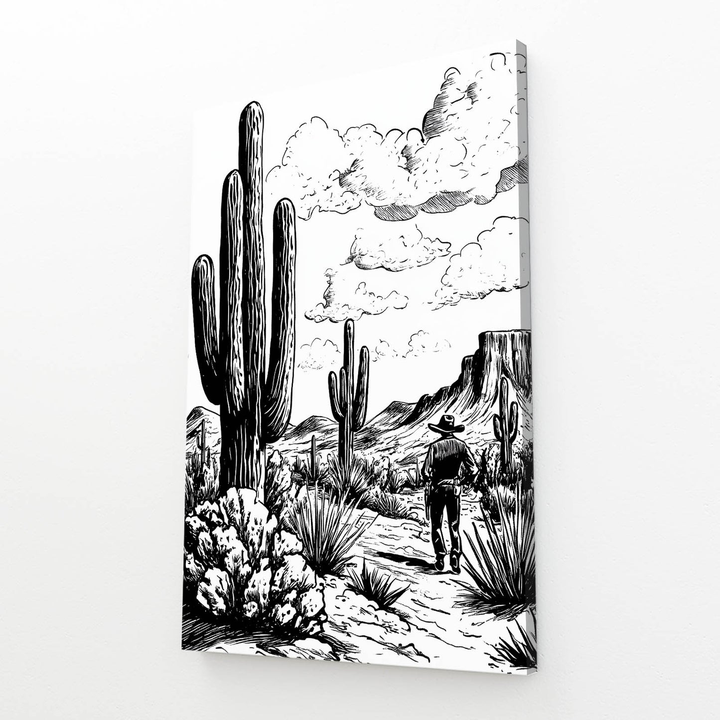 Engraved Desert Trail Cactus Wall Decor – angled canvas view on white background