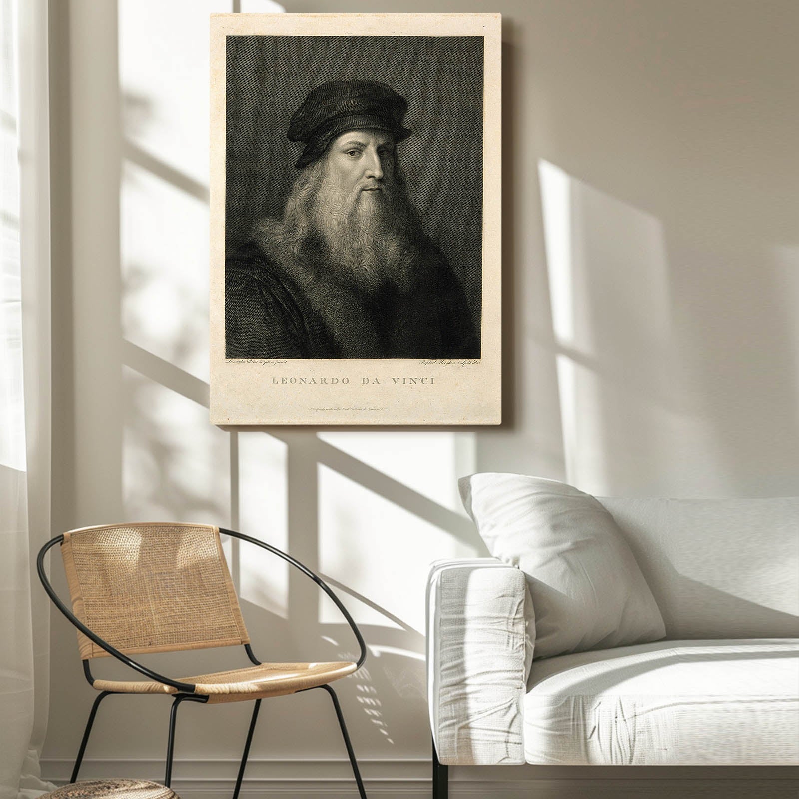 Engraved Master Portrait Da Vinci Prints – styled in a furnished interior