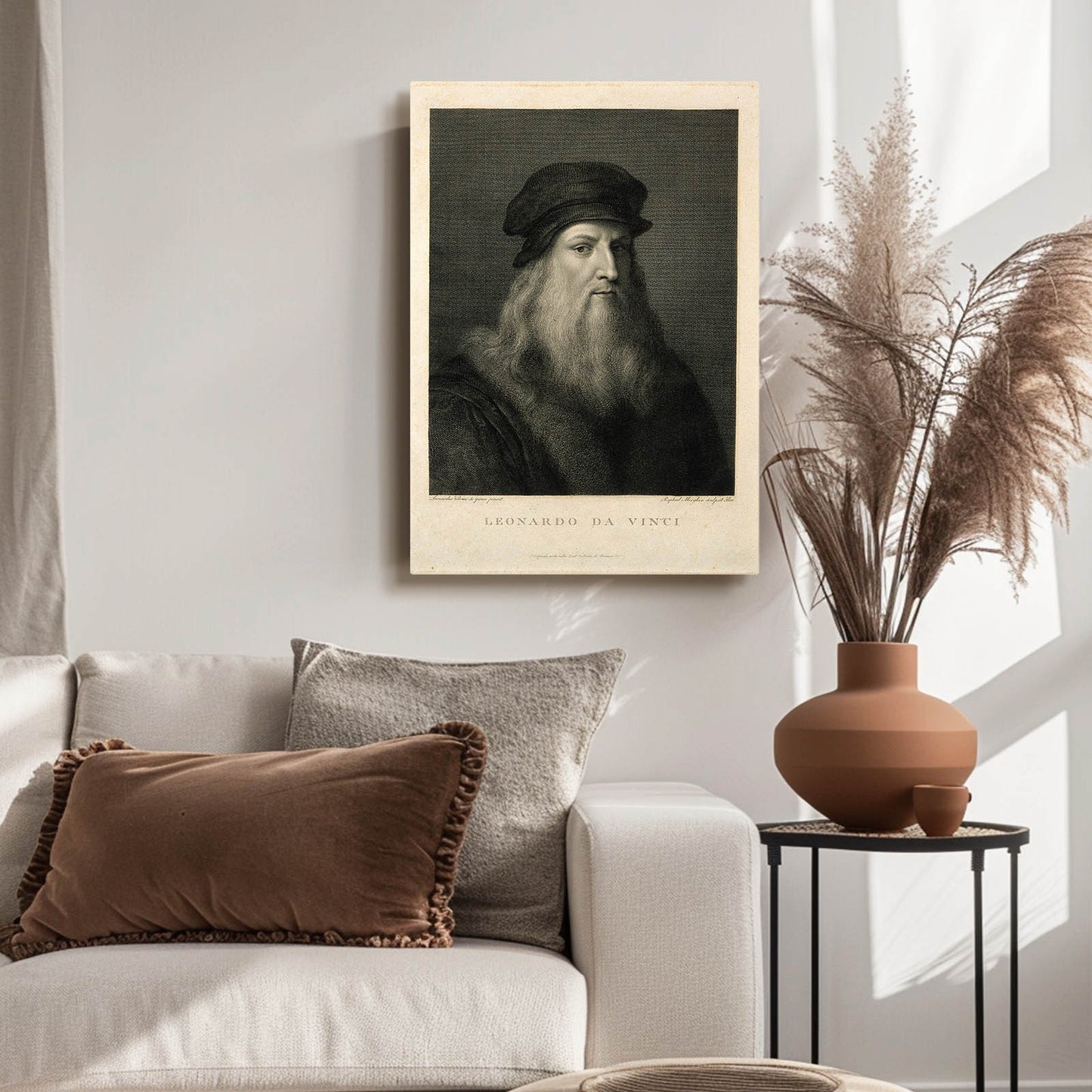 Engraved Master Portrait Da Vinci Prints – styled in a furnished interior