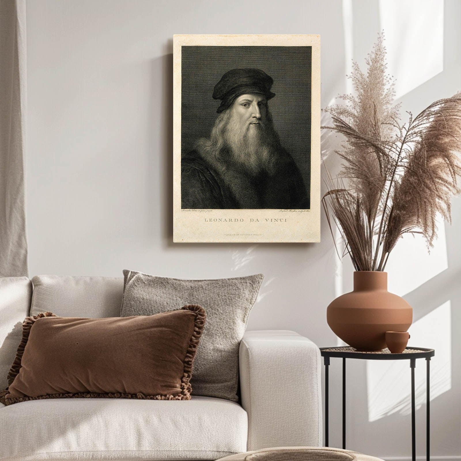 Engraved Master Portrait Da Vinci Prints – styled in a furnished interior