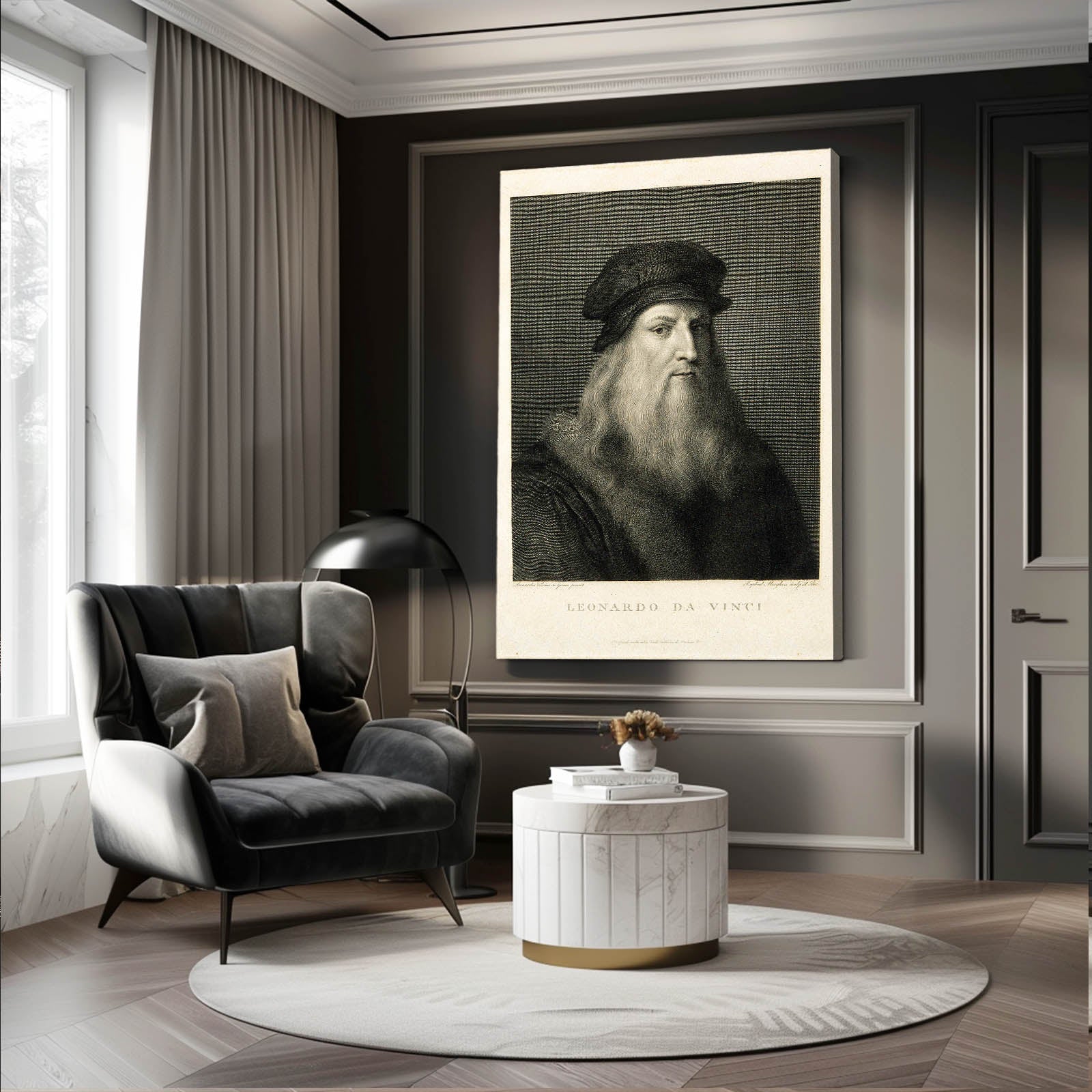 Engraved Master Portrait Da Vinci Prints – styled in a furnished interior