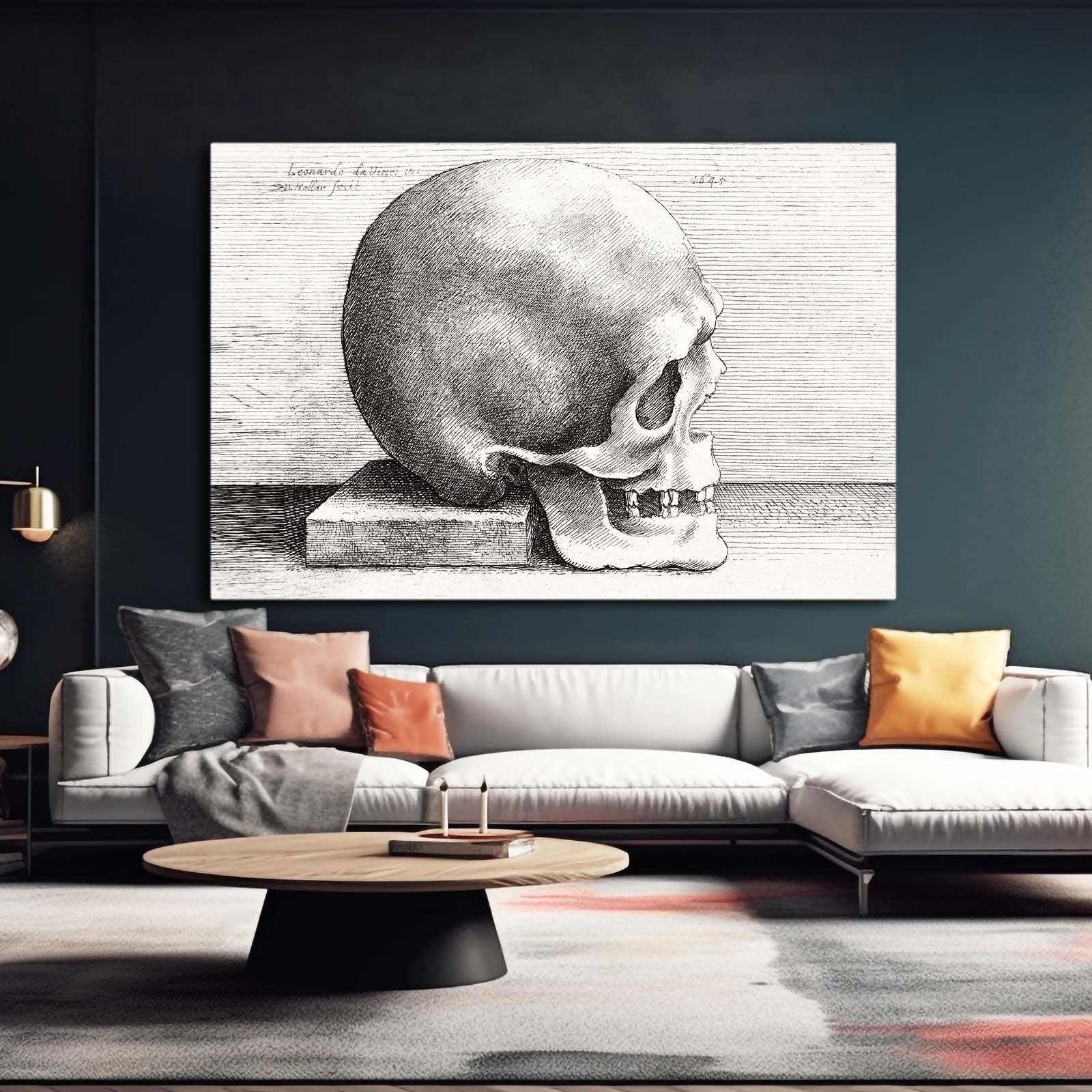 Engraved Skull Study Da Vinci Canvas Art – styled in a furnished interior