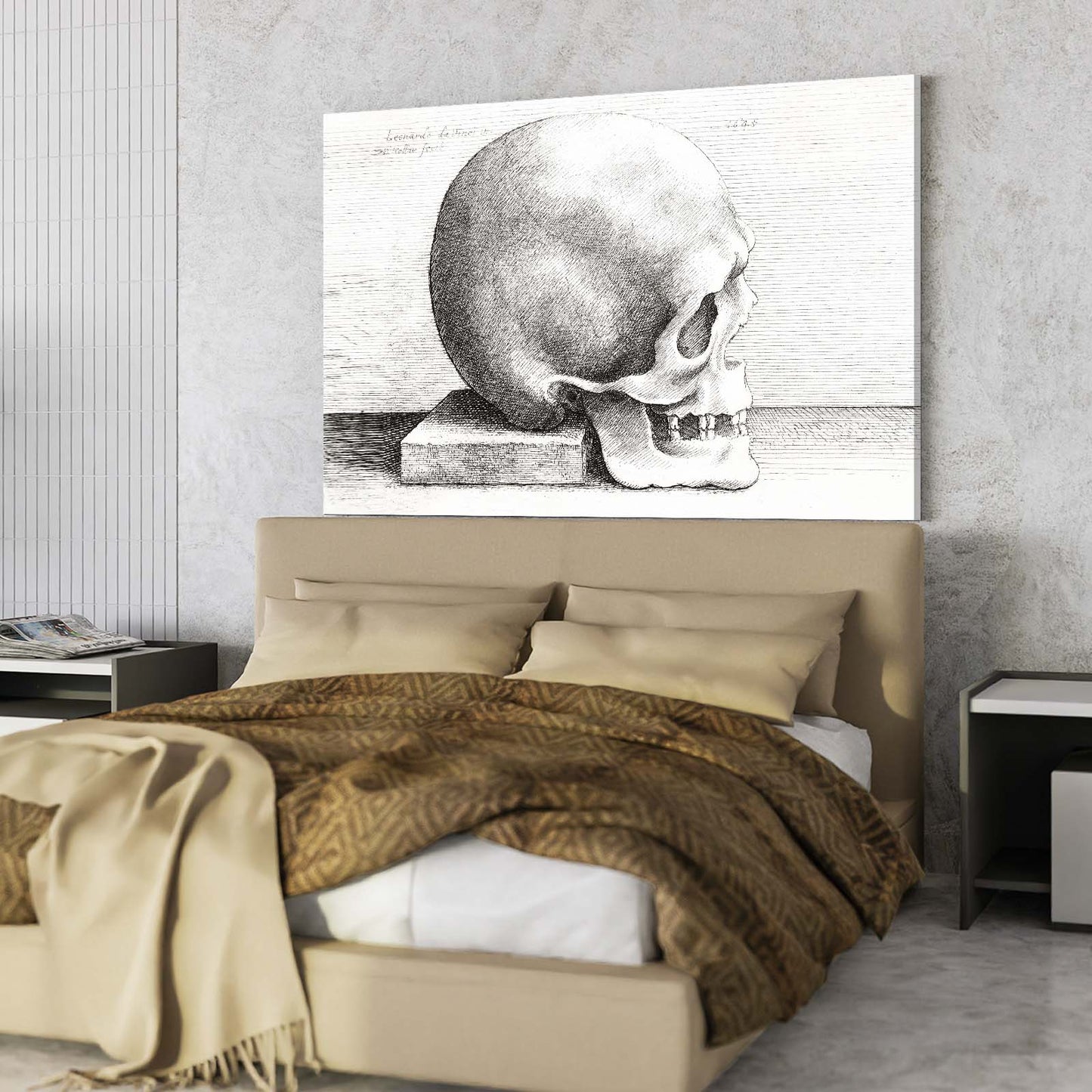 Engraved Skull Study Da Vinci Canvas Art – styled in a furnished interior