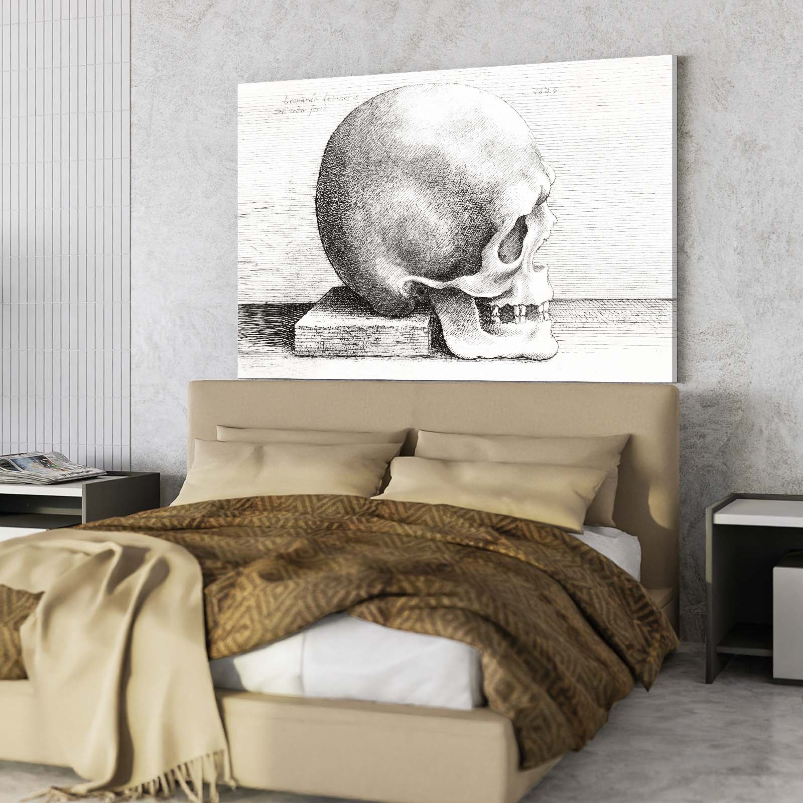 Engraved Skull Study Da Vinci Canvas Art – styled in a furnished interior