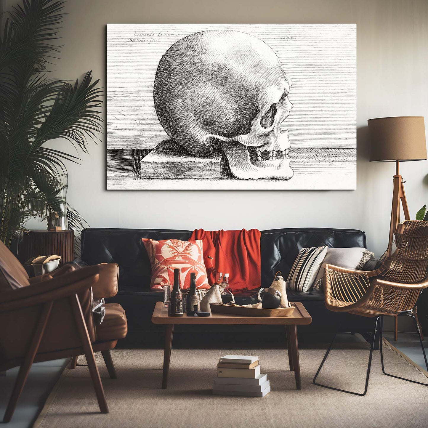 Engraved Skull Study Da Vinci Canvas Art – styled in a furnished interior