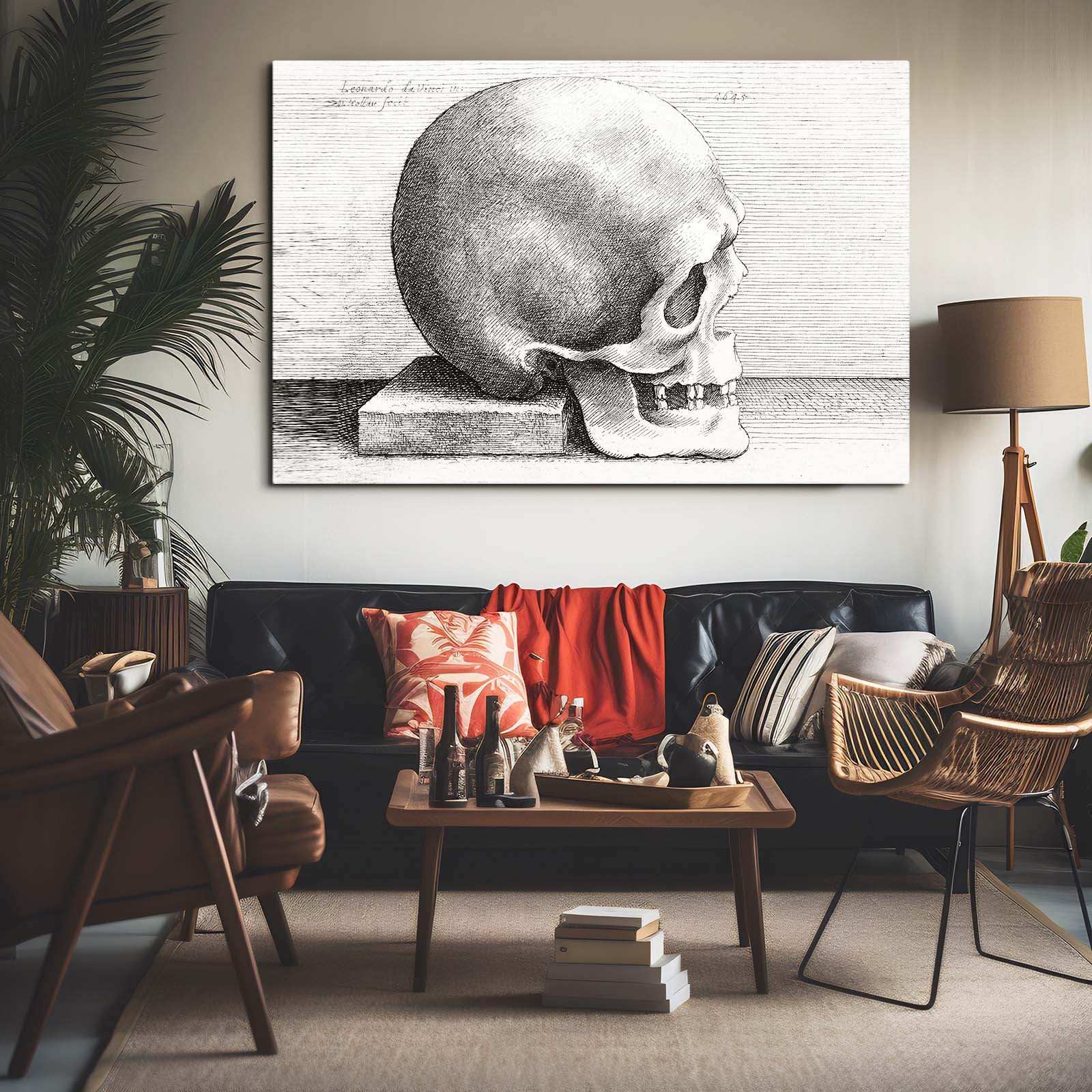 Engraved Skull Study Da Vinci Canvas Art – styled in a furnished interior