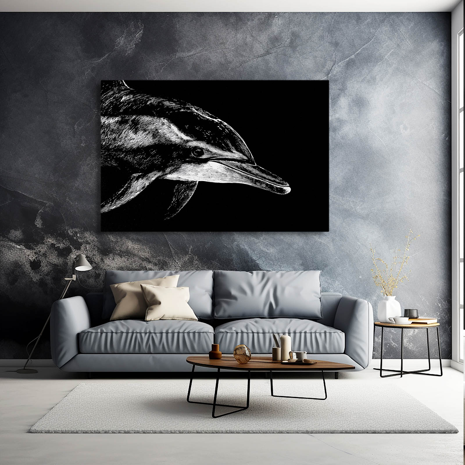 Etched Shadow Dolphin Art – styled in a furnished interior
