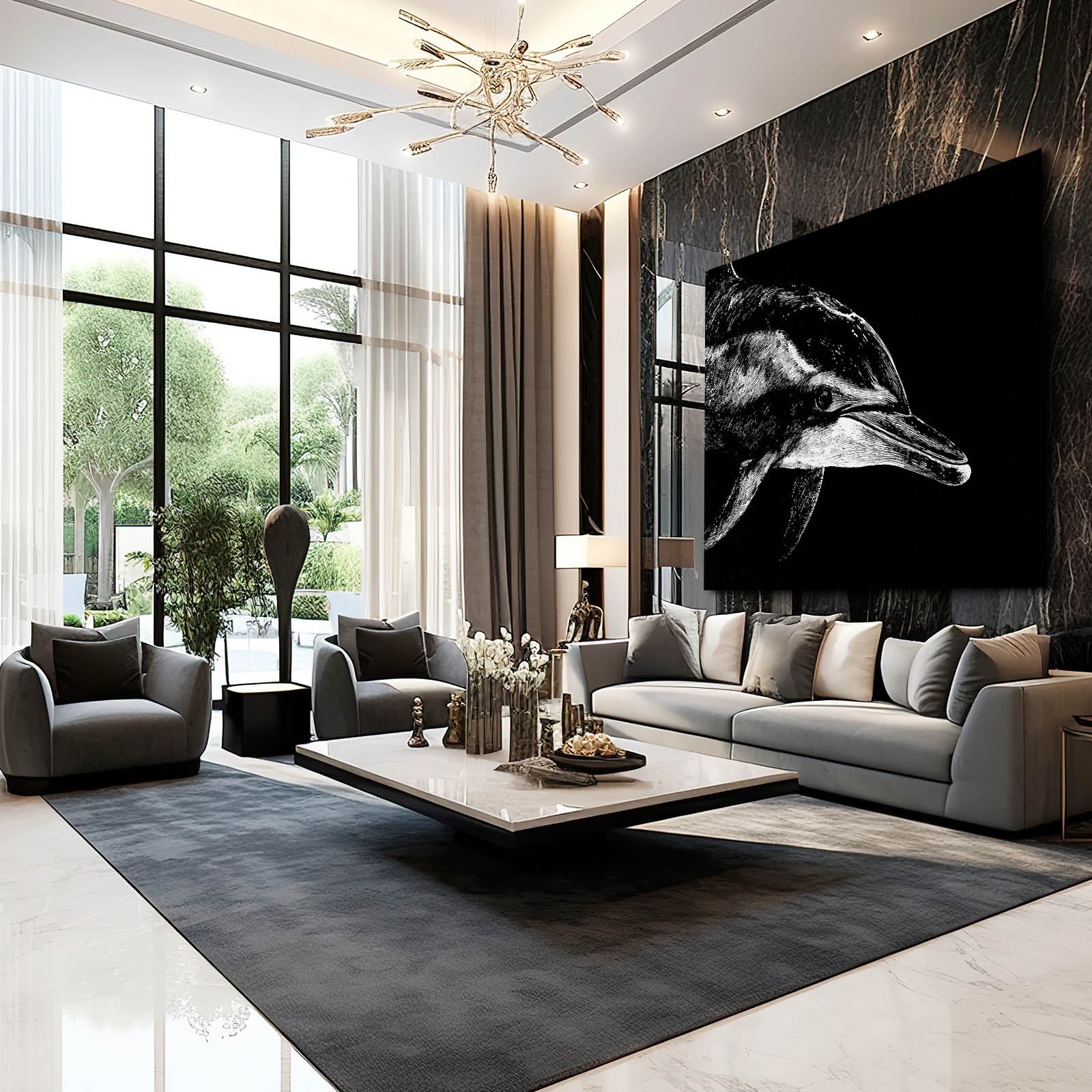 Etched Shadow Dolphin Art – styled in a furnished interior