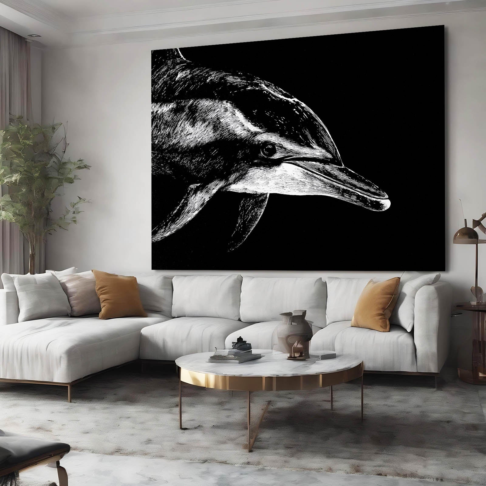 Etched Shadow Dolphin Art – styled in a furnished interior