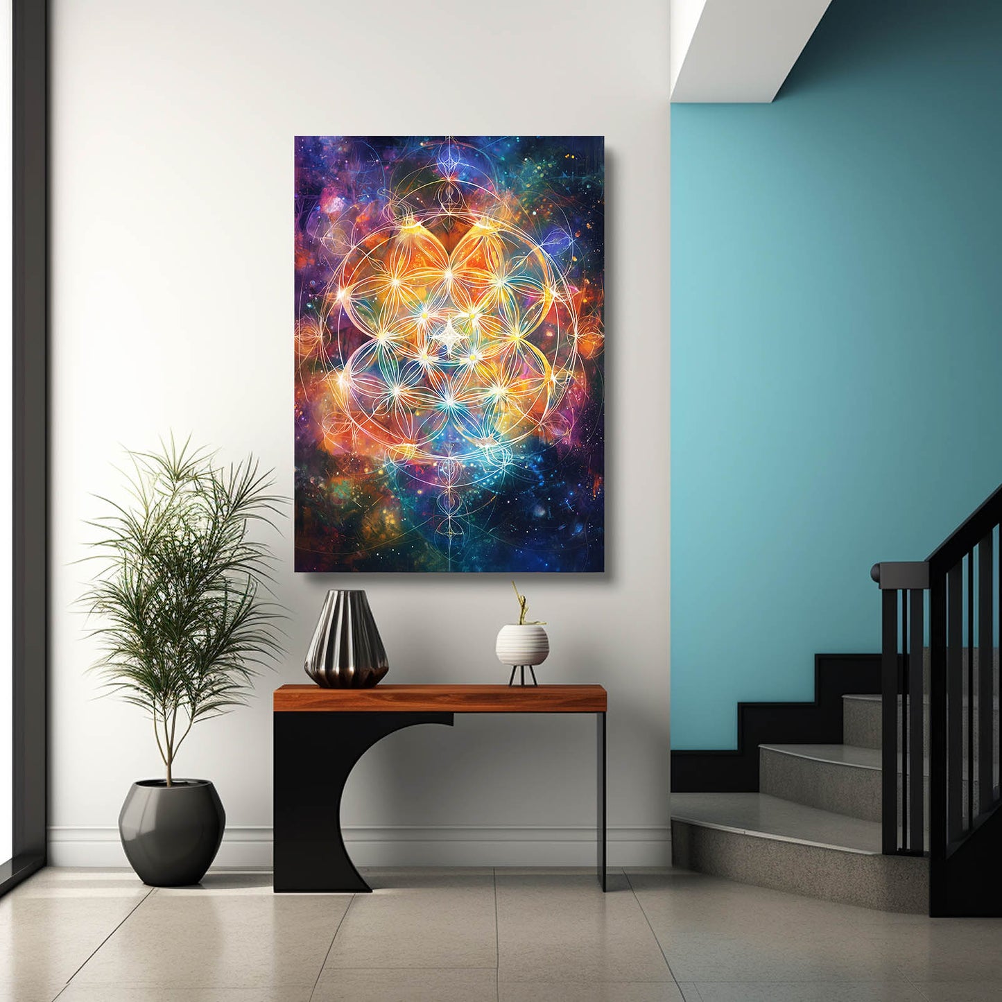 Ethereal Nebula Bloom Flower Of Life Art – styled in a furnished interior