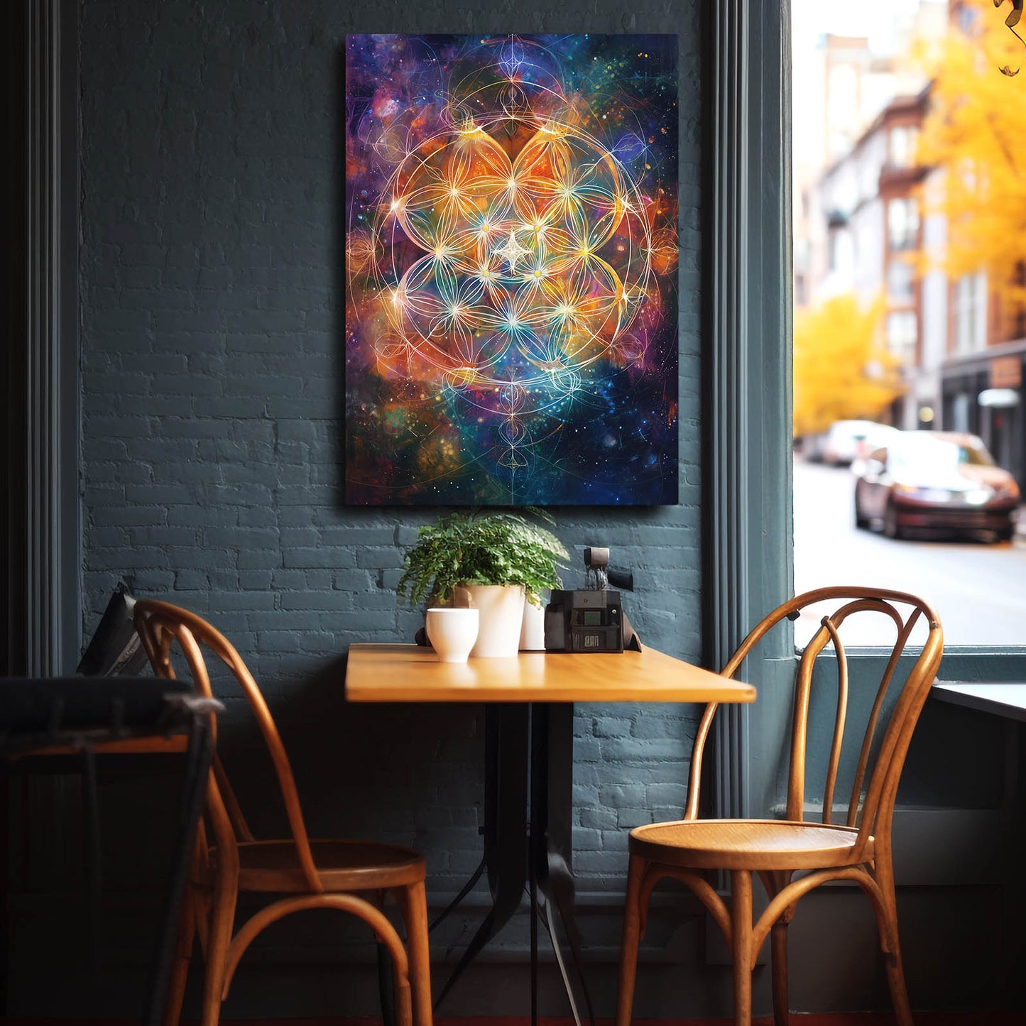 Ethereal Nebula Bloom Flower Of Life Art – styled in a furnished interior