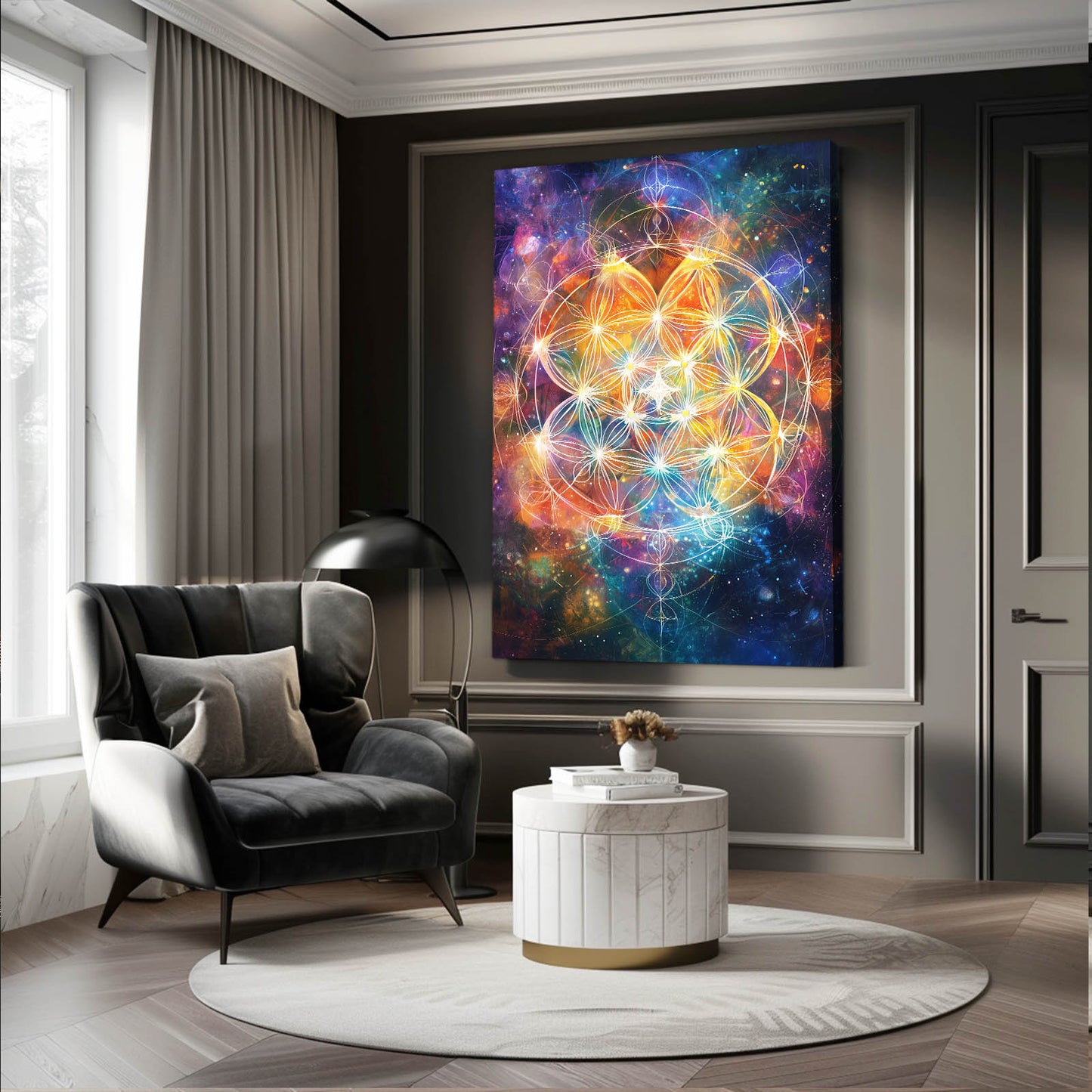 Ethereal Nebula Bloom Flower Of Life Art – styled in a furnished interior