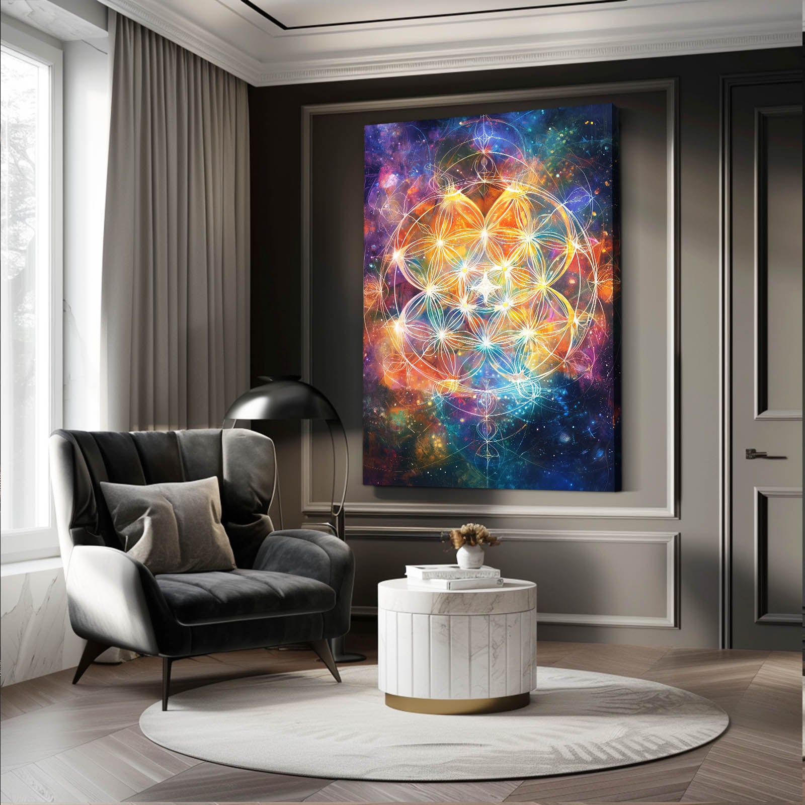 Ethereal Nebula Bloom Flower Of Life Art – styled in a furnished interior
