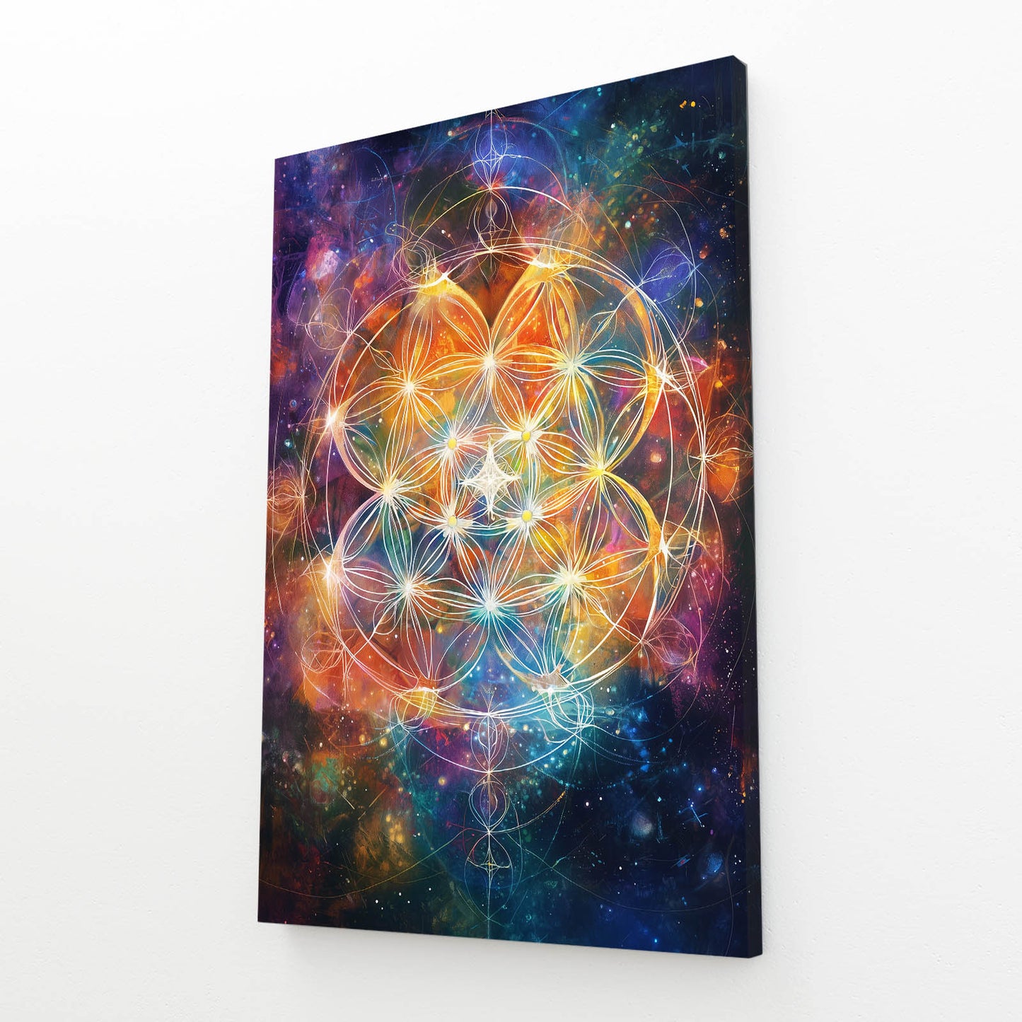 Ethereal Nebula Bloom Flower Of Life Art – angled canvas view on white background