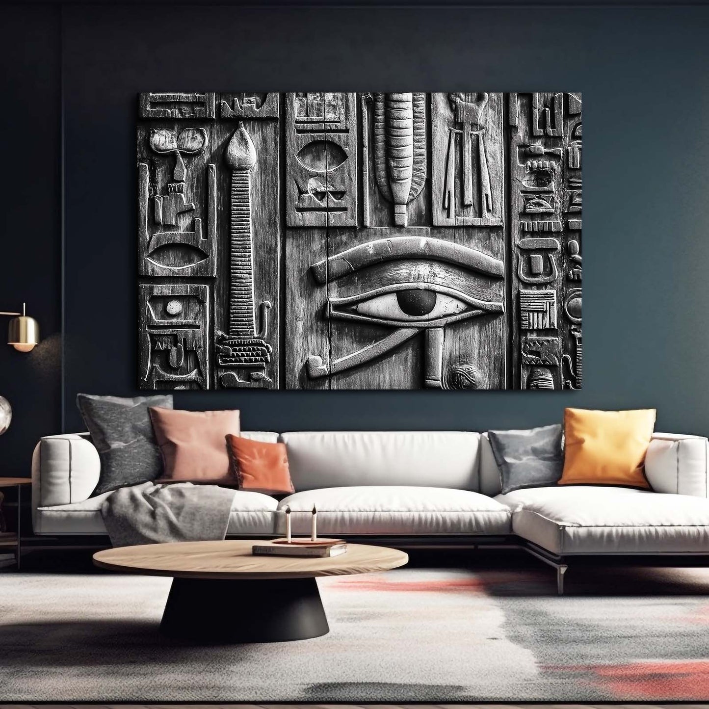 Eye Of Horus Grid Egyptian Canvas Art – styled in a furnished interior