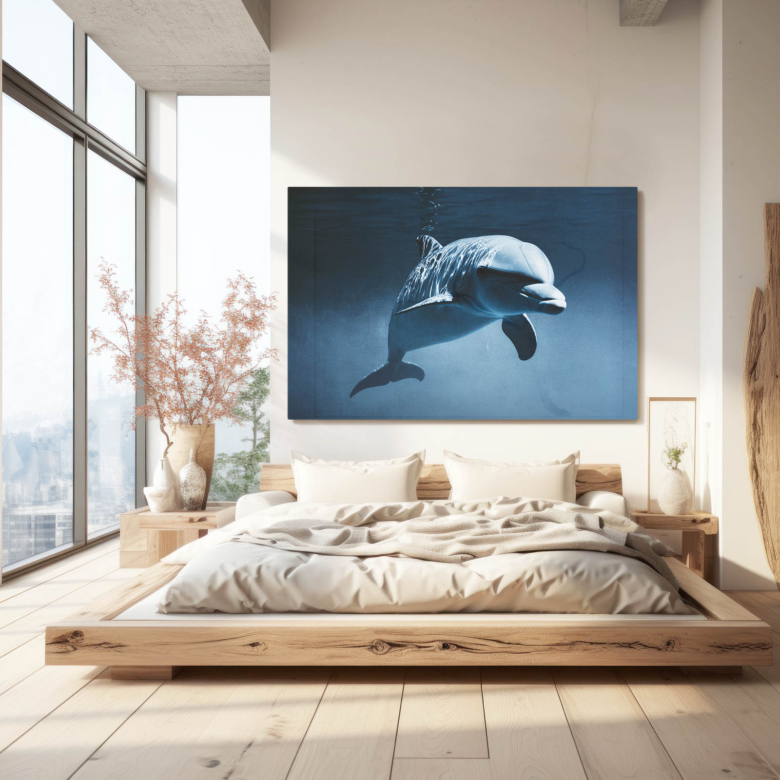 Eye to Eye Dolphin Canvas – styled in a furnished interior