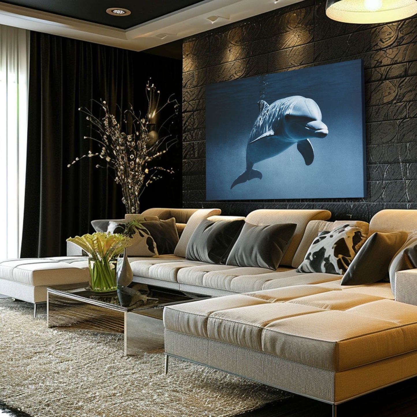 Eye to Eye Dolphin Canvas – styled in a furnished interior
