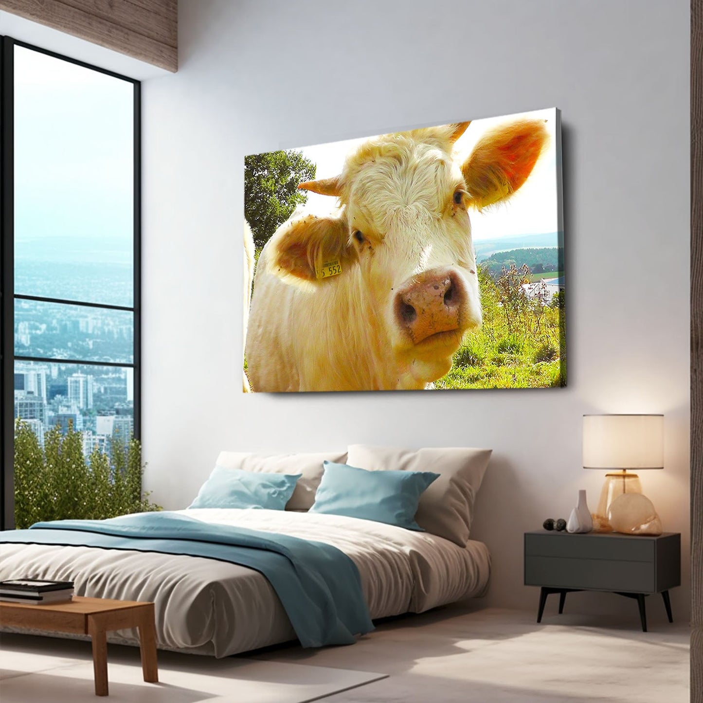 Face Cow Canvas Art – angled canvas view on white background