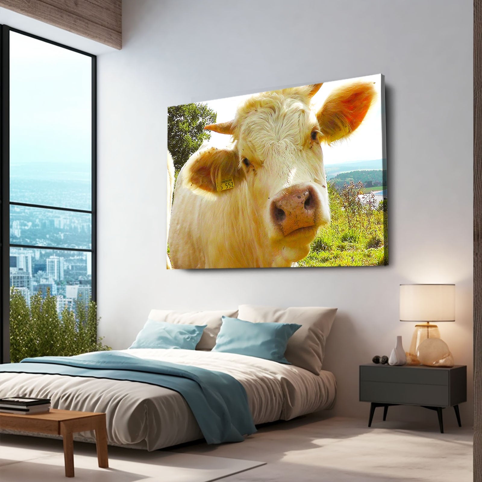 Face Cow Canvas Art – angled canvas view on white background