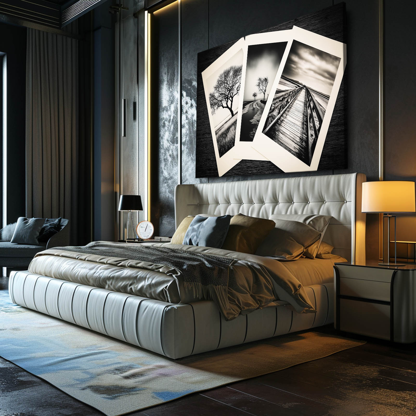 Fading Frames Photography Wall Art – above a grey bed in a dark bedroom