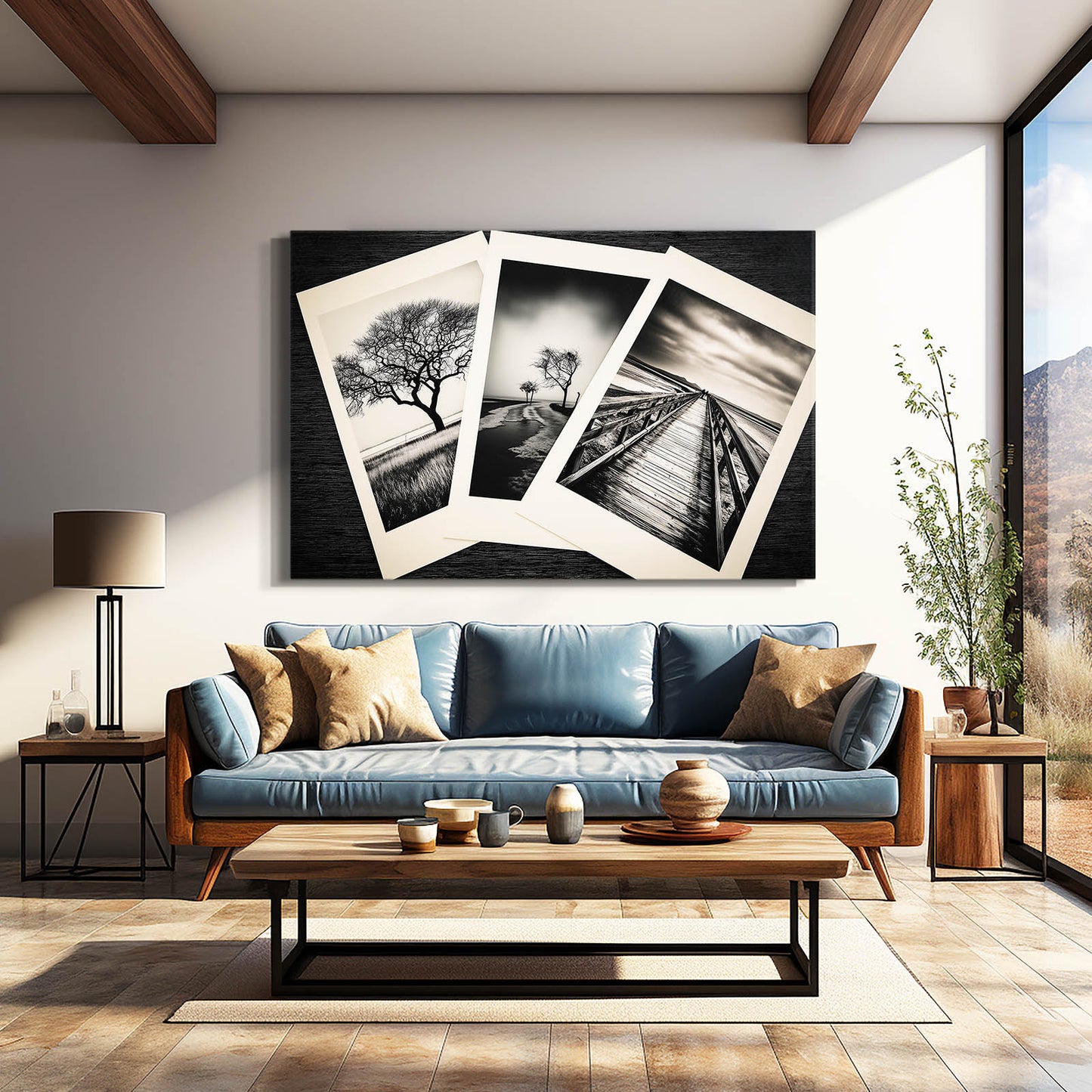 Fading Frames Photography Wall Art – above a blue sofa in a wood-beamed living room