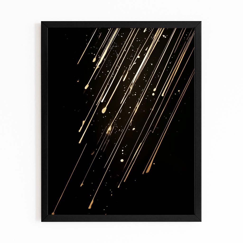 Falling Gold Streaks Prints – with Premium Black frame on white background