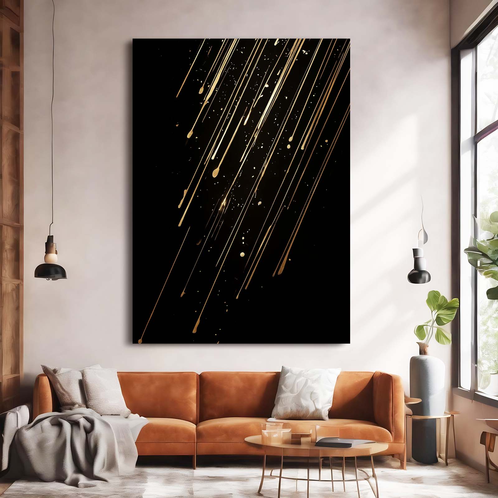 Falling Gold Streaks Prints – styled in a furnished interior