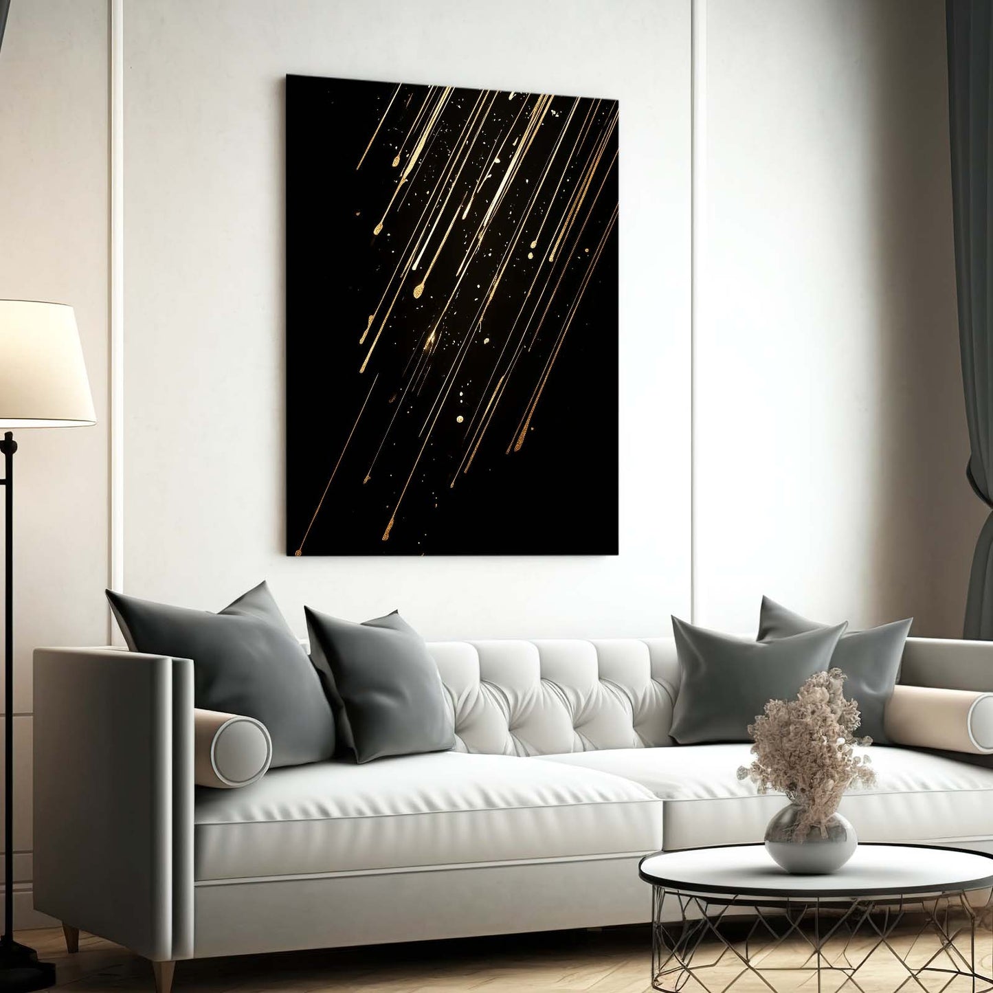 Falling Gold Streaks Prints – styled in a furnished interior
