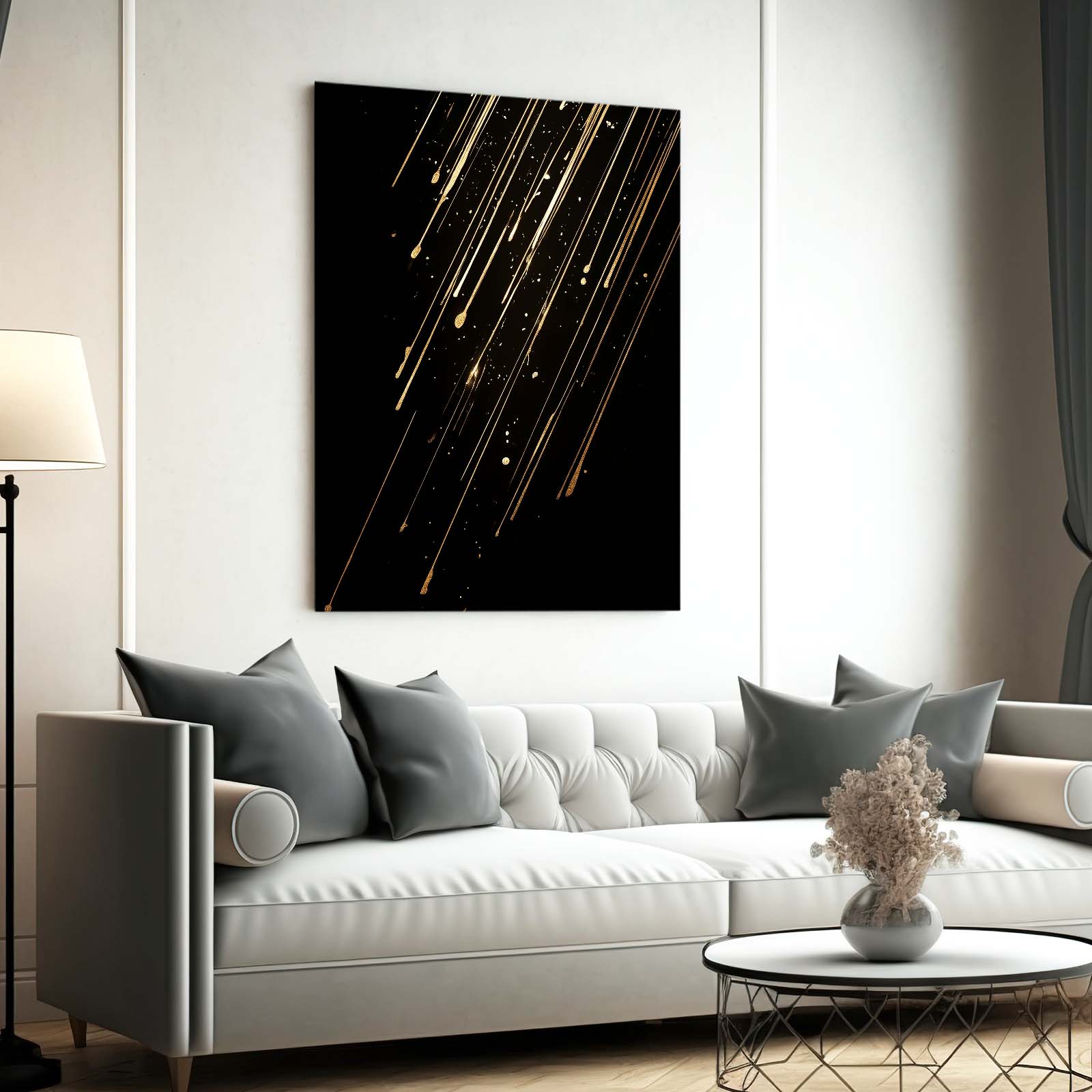 Falling Gold Streaks Prints – styled in a furnished interior