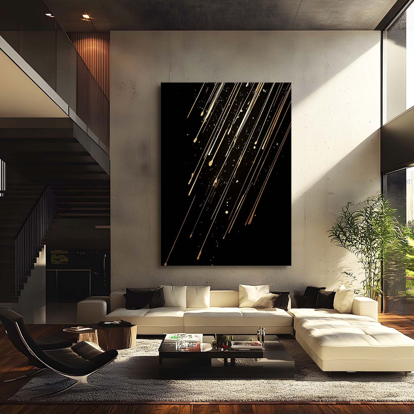 Falling Gold Streaks Prints – styled in a furnished interior