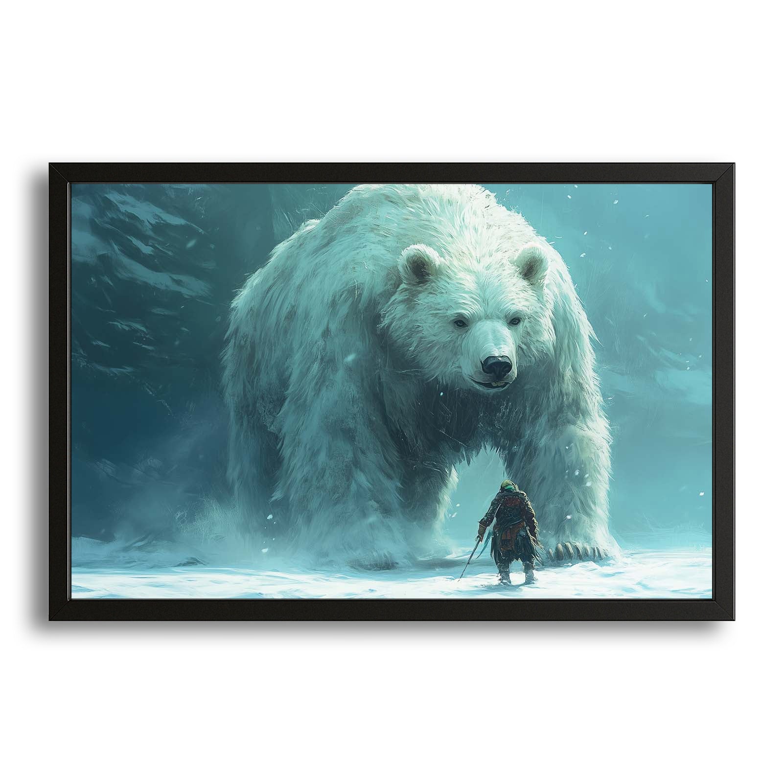 Fantasy Art Bear Rider — fantasy canvas print in blue tones, with Premium Black frame on white background