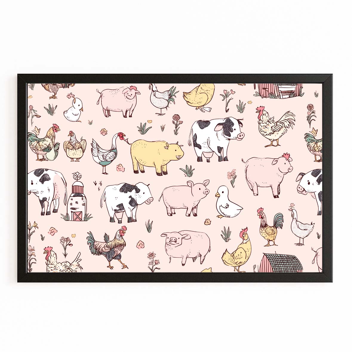 Farm Animals Pattern Farmhouse Prints – with Premium Black frame on white background