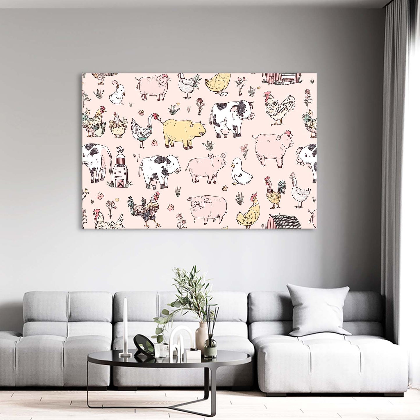 Farm Animals Pattern Farmhouse Prints – styled in a furnished interior