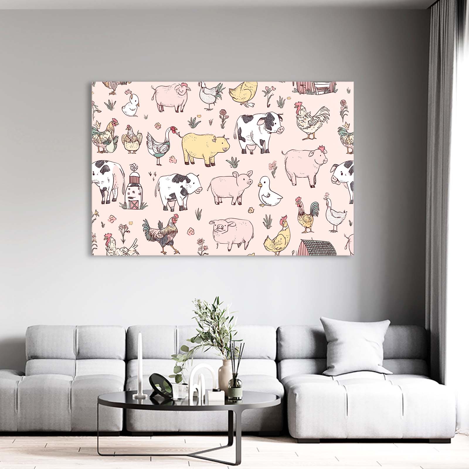 Farm Animals Pattern Farmhouse Prints – styled in a furnished interior