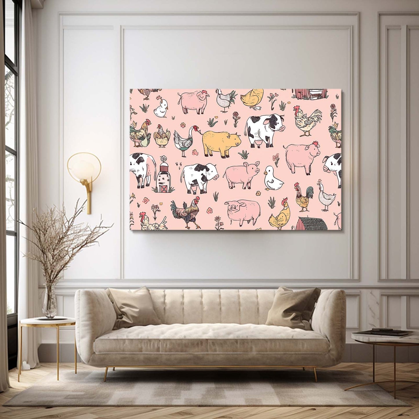 Farm Animals Pattern Farmhouse Prints – styled in a furnished interior