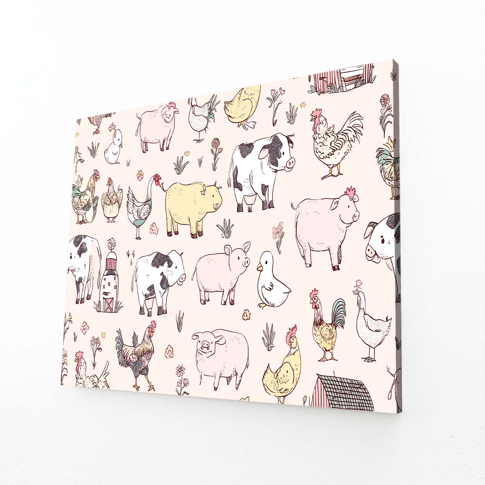 Farm Animals Pattern Farmhouse Prints – angled canvas view on white background