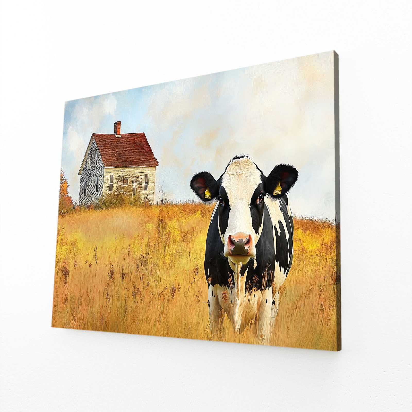 Farmhouse Cow Art – angled canvas view on white background