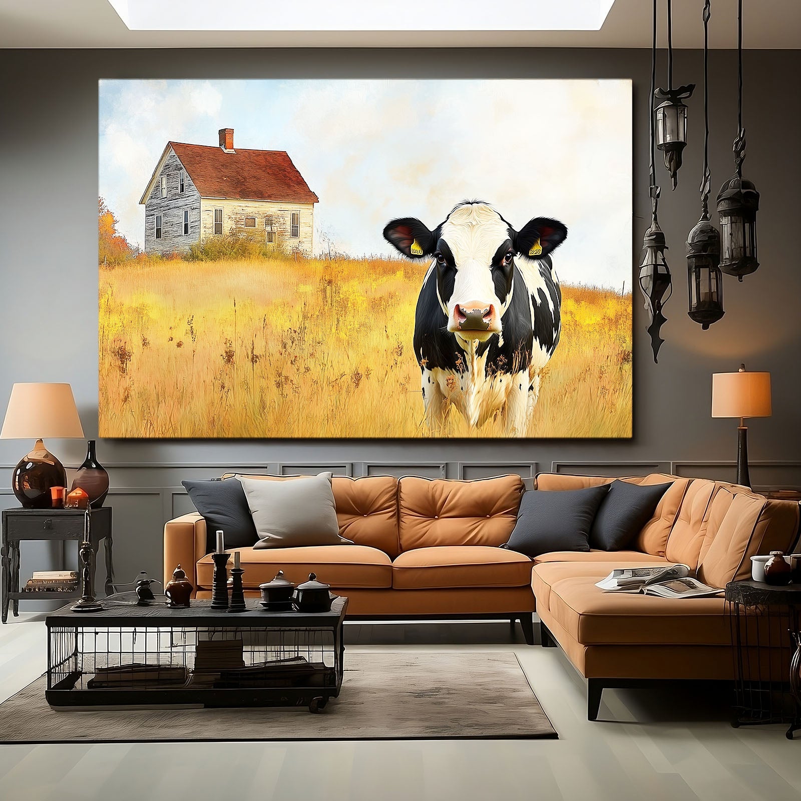 Farmhouse Cow Art – angled canvas view on white background