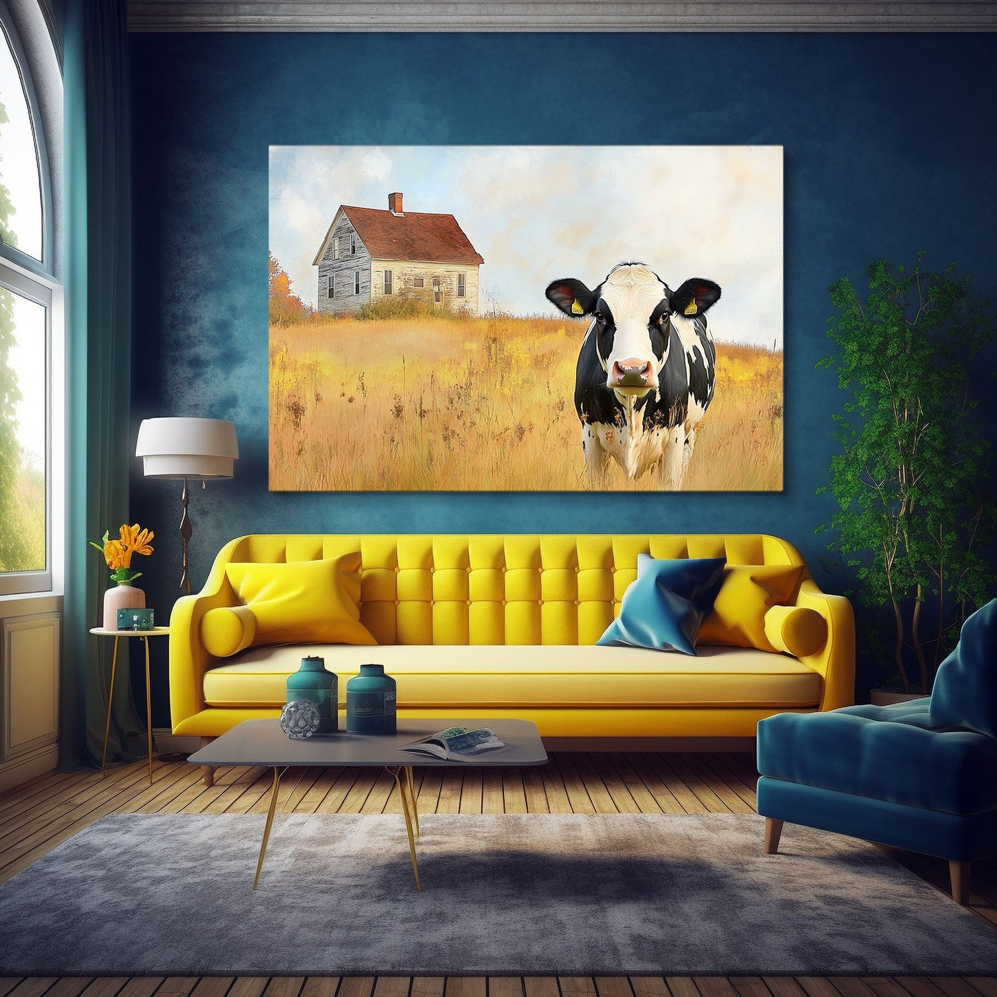 Farmhouse Cow Art – angled canvas view on white background